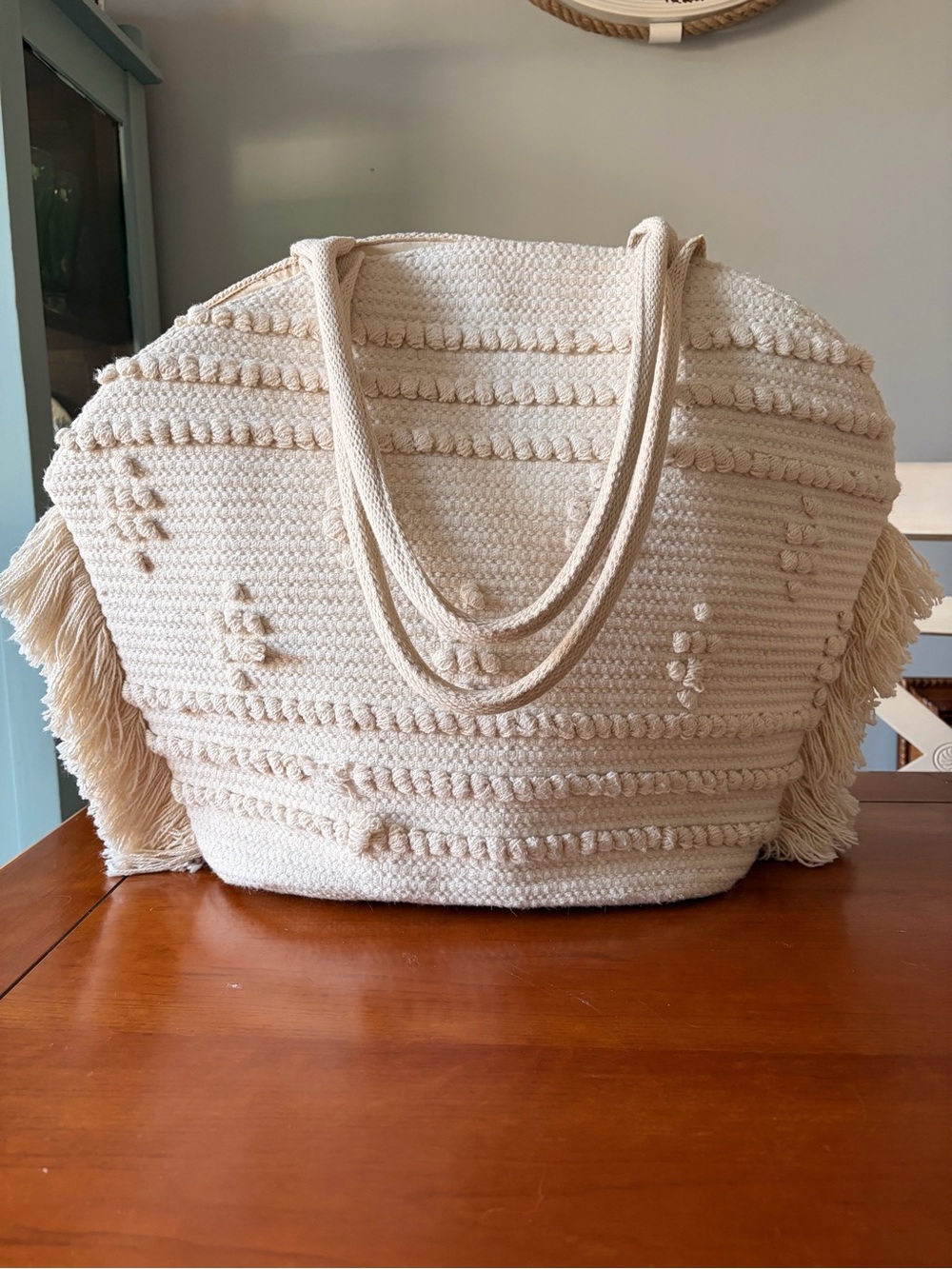 Shade & Shore Cream Woven Fringe Tote